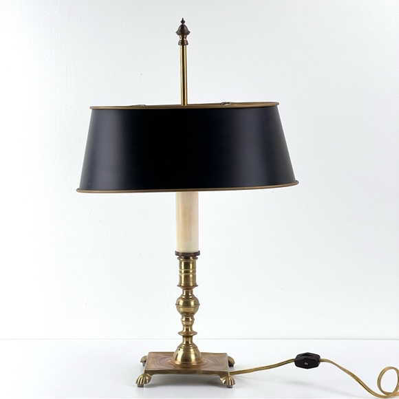 Vintage French Tole Brass Double Bulb Table Lamp With Black Shade - Picture 3 of 12